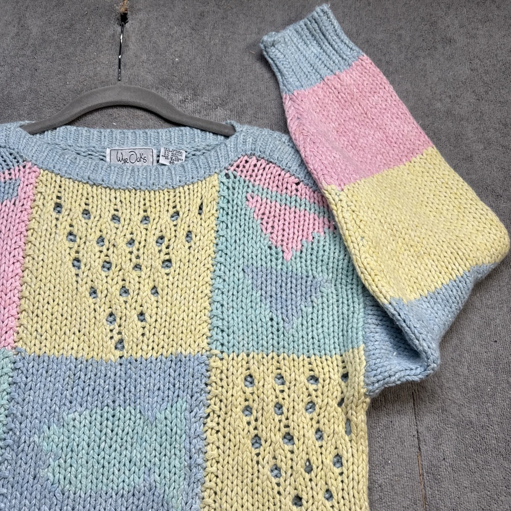Vintage Angora Blend Pastel Patchwork Knit Sweater 80s Style Soft Colorblock M